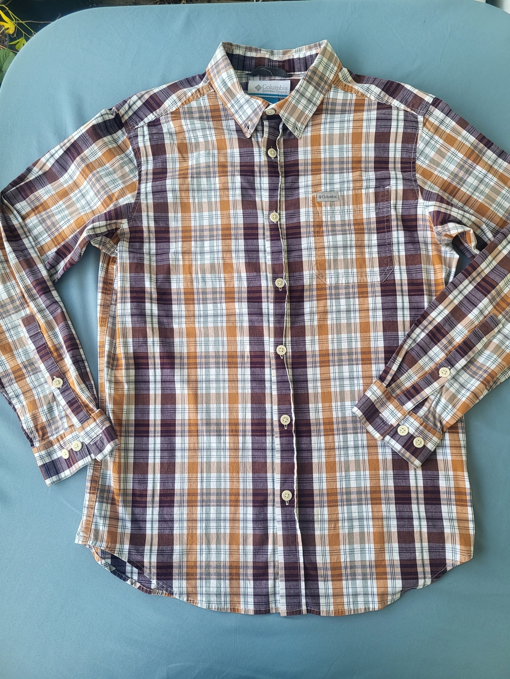 Columbia Gorpcore Plaid Button Down Shirt Orange Brown Cabincore